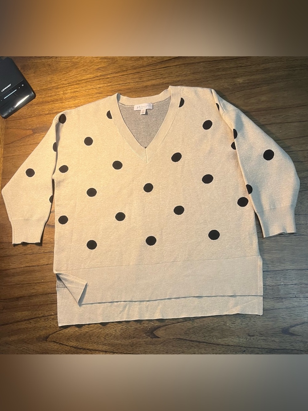 Philosophy Woman 1X Beige Polka Dot V-Neck Knit Sweater Side Slit Tunic